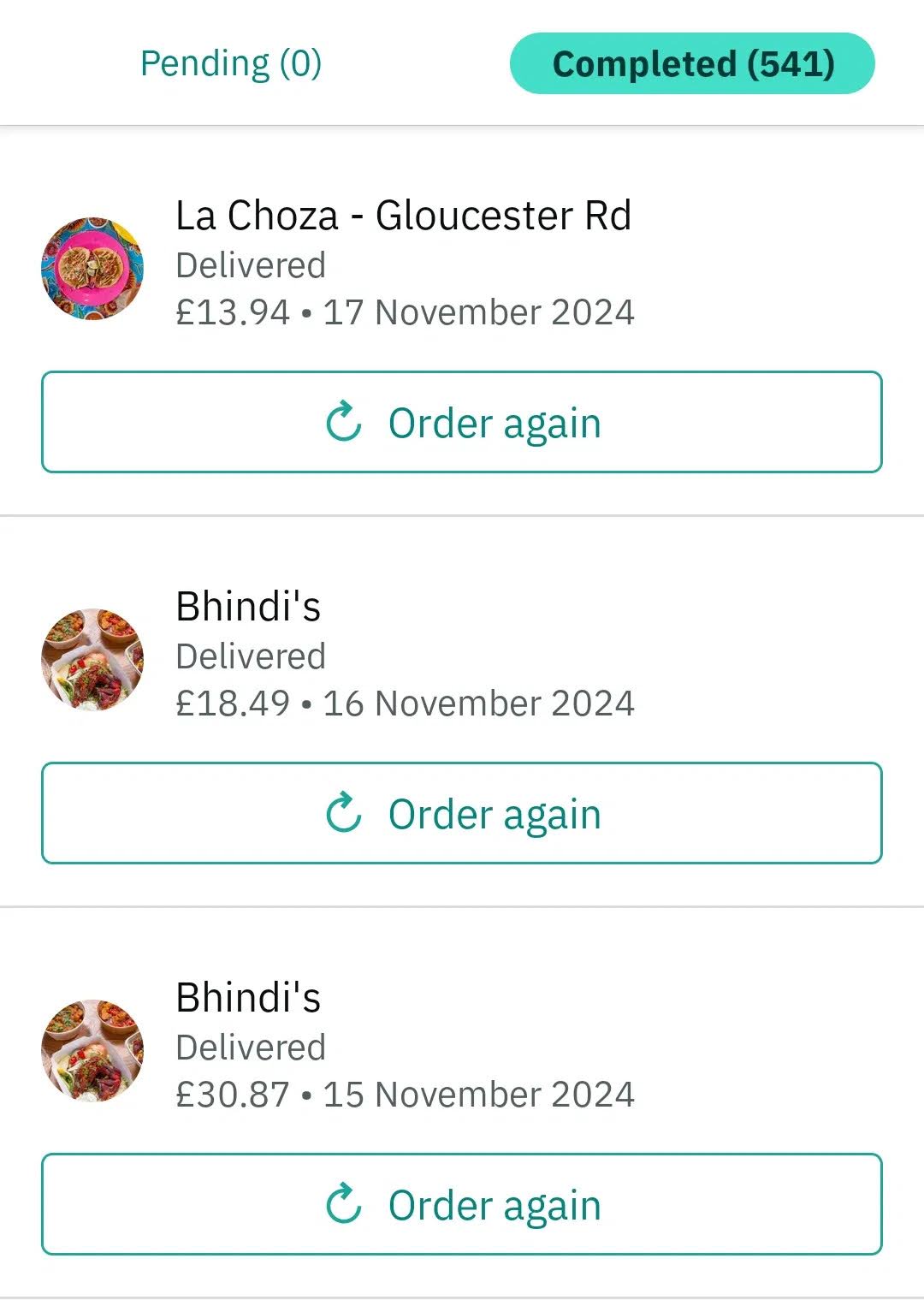 Further food-delivery order history — repeated takeaway orders.