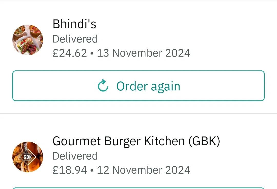 Food-delivery order history showing 541 completed orders.