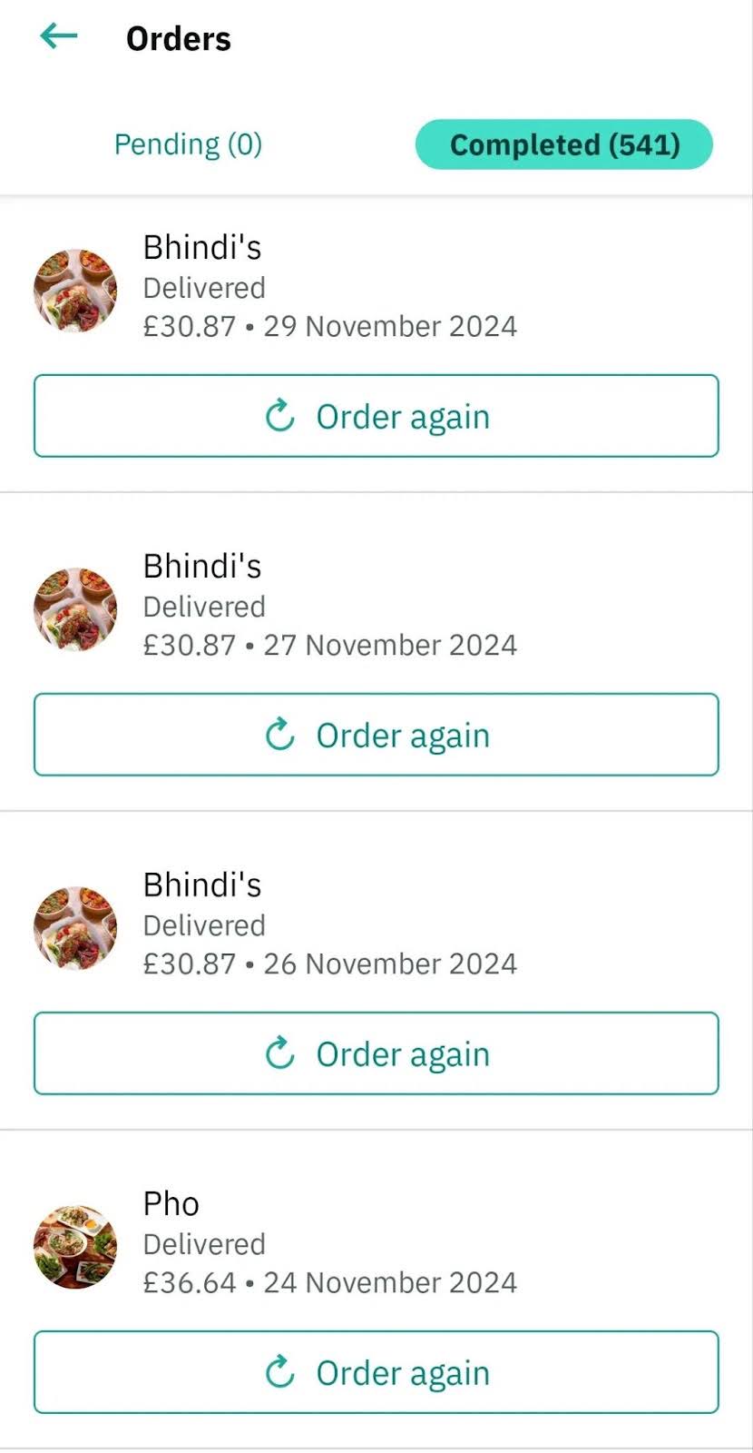 Food-delivery order history — Completed (541), a long list of repeated takeaway orders.
